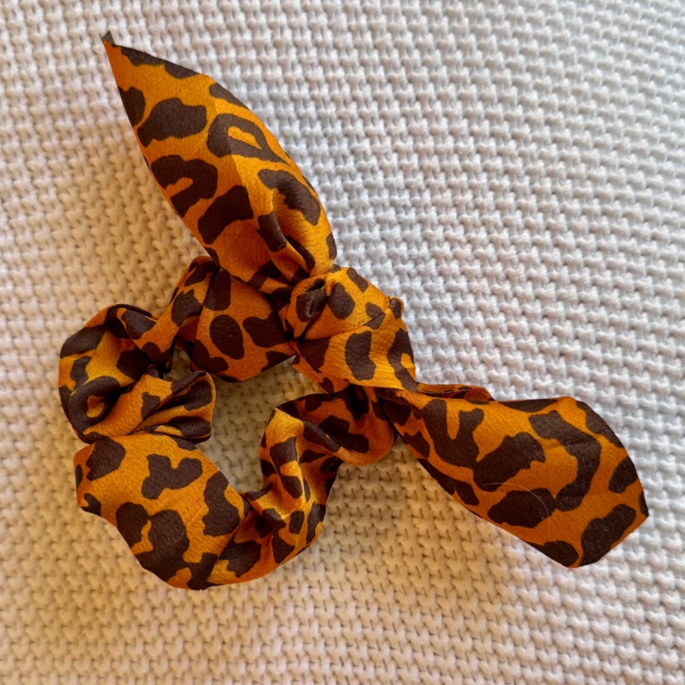 Silky Leopard Print Hair Scrunchie Hair Tie w Bow - Rust Orange Brown & Black